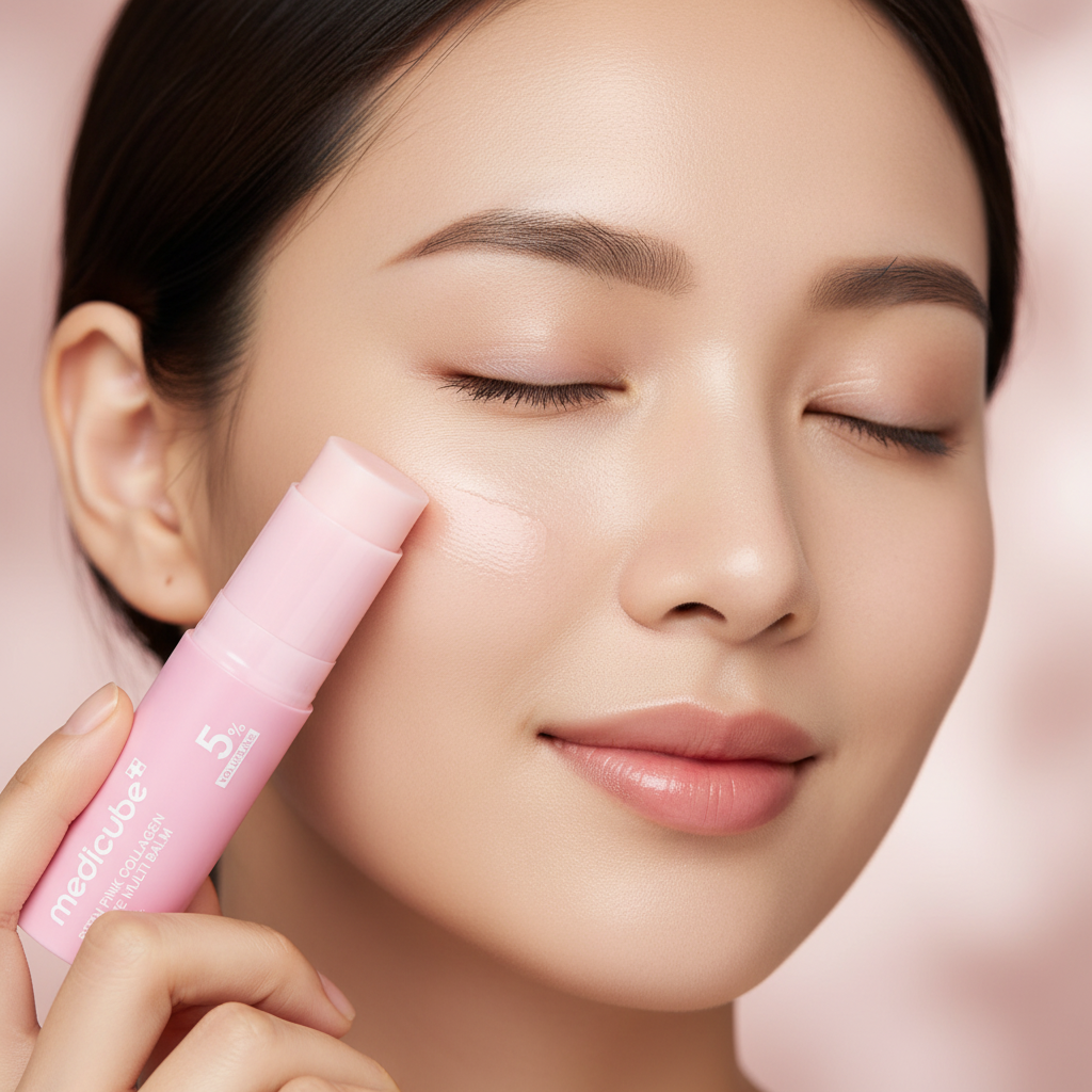 Model holding the Medicube pink collagen balm stick